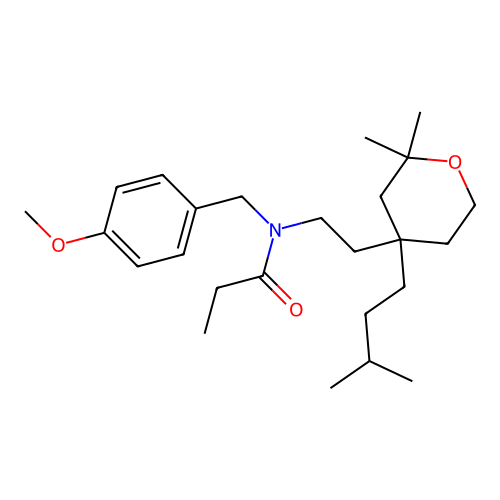 N-(2-(4-isopentyl-2,2-dimethyltetrahydro-2H-pyran-4-yl)ethyl)-N-(4-methoxybenzyl)propionamide structure