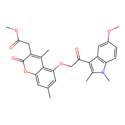methyl 2-(5-(2-(5-methoxy-1,2-dimethyl-1H-indol-3-yl)-2-oxoethoxy)-4,7-dimethyl-2-oxo-2H-chromen-3-yl)acetate structure