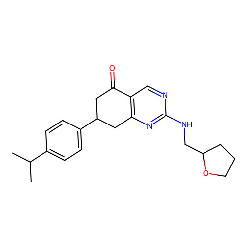 7-[4-(propan-2-yl)phenyl]-2-[(tetrahydrofuran-2-ylmethyl)amino]-7,8-dihydroquinazolin-5(6H)-one structure
