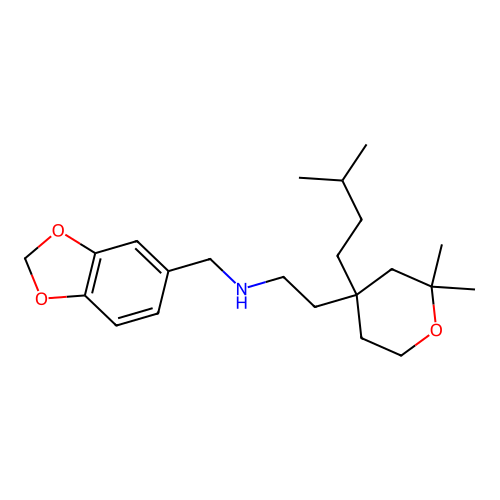 N-(1,3-benzodioxol-5-ylmethyl)-2-[2,2-dimethyl-4-(3-methylbutyl)oxan-4-yl]ethanamine structure