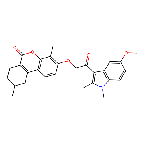 3-(2-(5-methoxy-1,2-dimethyl-1H-indol-3-yl)-2-oxoethoxy)-4,9-dimethyl-7,8,9,10-tetrahydro-6H-benzo[c]chromen-6-one structure