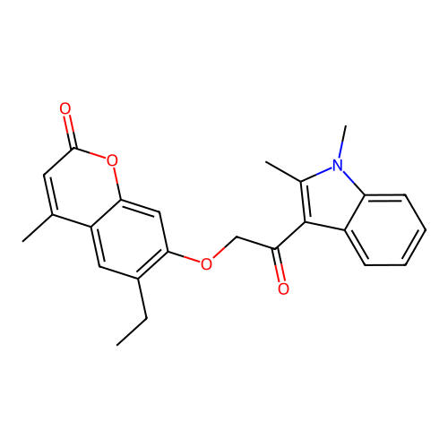 7-(2-(1,2-dimethyl-1H-indol-3-yl)-2-oxoethoxy)-6-ethyl-4-methyl-2H-chromen-2-one structure