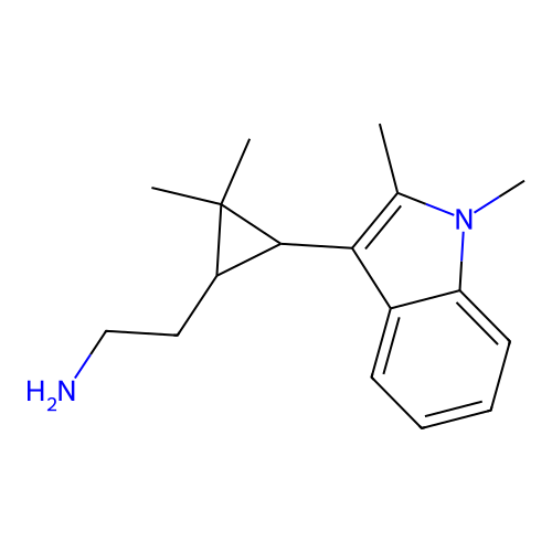 2-(3-(1,2-dimethyl-1H-indol-3-yl)-2,2-dimethylcyclopropyl)ethanamine structure