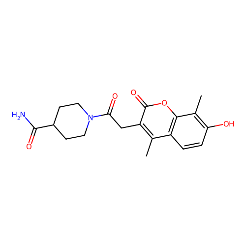 1-[(7-hydroxy-4,8-dimethyl-2-oxo-2H-chromen-3-yl)acetyl]piperidine-4-carboxamide structure