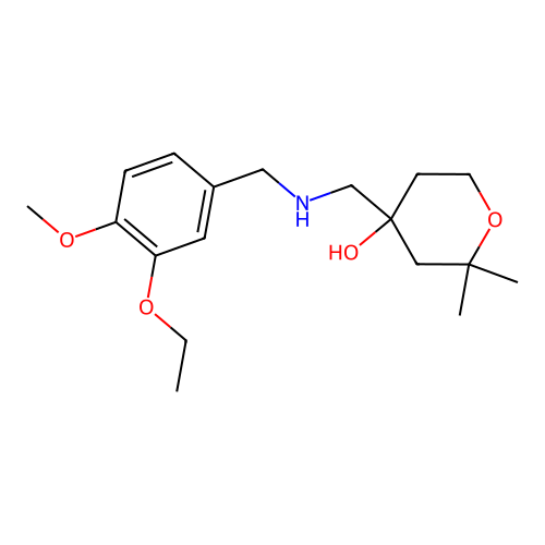 4-(((3-ethoxy-4-methoxybenzyl)amino)methyl)-2,2-dimethyltetrahydro-2H-pyran-4-ol structure