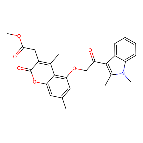 methyl 2-(5-(2-(1,2-dimethyl-1H-indol-3-yl)-2-oxoethoxy)-4,7-dimethyl-2-oxo-2H-chromen-3-yl)acetate structure