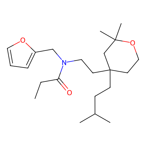 N-[2-[2,2-dimethyl-4-(3-methylbutyl)oxan-4-yl]ethyl]-N-(furan-2-ylmethyl)propanamide structure