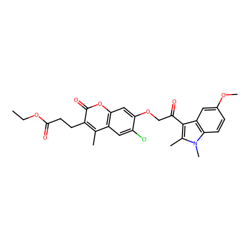 ethyl 3-(6-chloro-7-(2-(5-methoxy-1,2-dimethyl-1H-indol-3-yl)-2-oxoethoxy)-4-methyl-2-oxo-2H-chromen-3-yl)propanoate structure