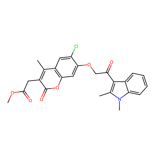 methyl 2-(6-chloro-7-(2-(1,2-dimethyl-1H-indol-3-yl)-2-oxoethoxy)-4-methyl-2-oxo-2H-chromen-3-yl)acetate structure