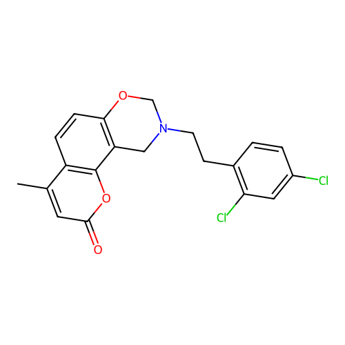 9-(2,4-dichlorophenethyl)-4-methyl-9,10-dihydrochromeno[8,7-e][1,3]oxazin-2(8H)-one structure