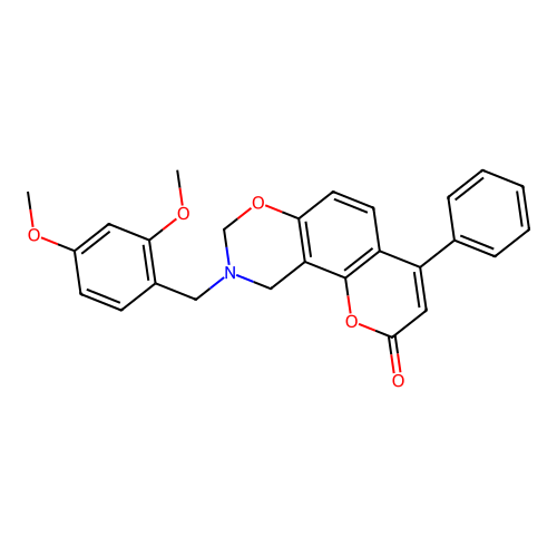 9-(2,4-dimethoxybenzyl)-4-phenyl-9,10-dihydrochromeno[8,7-e][1,3]oxazin-2(8H)-one structure
