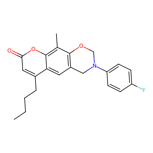 6-butyl-3-(4-fluorophenyl)-10-methyl-3,4-dihydrochromeno[6,7-e][1,3]oxazin-8(2H)-one structure