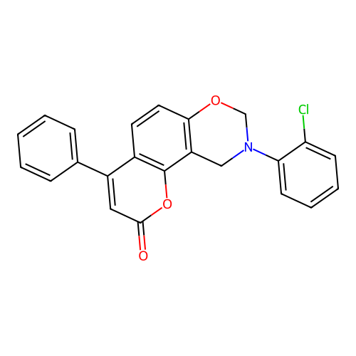 9-(2-chlorophenyl)-4-phenyl-9,10-dihydrochromeno[8,7-e][1,3]oxazin-2(8H)-one structure