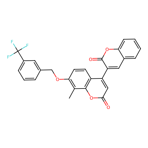 8'-methyl-7'-((3-(trifluoromethyl)benzyl)oxy)-2H,2'H-[3,4'-bichromene]-2,2'-dione structure