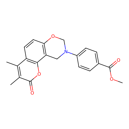 methyl 4-(3,4-dimethyl-2-oxochromeno[8,7-e][1,3]oxazin-9(2H,8H,10H)-yl)benzoate structure