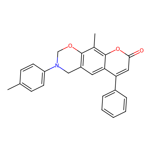 10-methyl-6-phenyl-3-(p-tolyl)-3,4-dihydrochromeno[6,7-e][1,3]oxazin-8(2H)-one structure