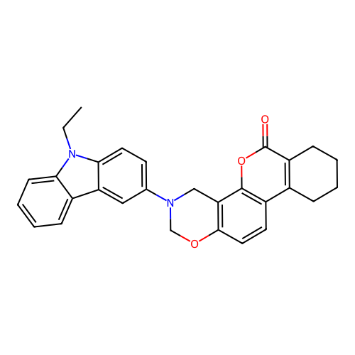 3-(9-ethyl-9H-carbazol-3-yl)-3,4,7,8,9,10-hexahydrobenzo[3,4]chromeno[8,7-e][1,3]oxazin-6(2H)-one structure