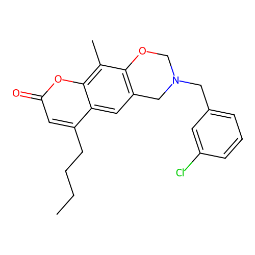 6-butyl-3-(3-chlorobenzyl)-10-methyl-3,4-dihydrochromeno[6,7-e][1,3]oxazin-8(2H)-one structure