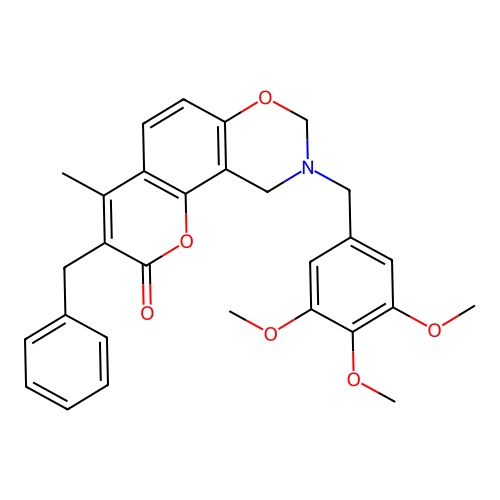 3-benzyl-4-methyl-9-(3,4,5-trimethoxybenzyl)-9,10-dihydrochromeno[8,7-e][1,3]oxazin-2(8H)-one structure