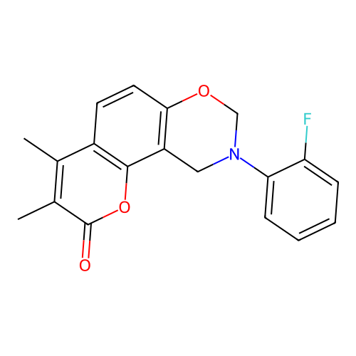 9-(2-fluorophenyl)-3,4-dimethyl-9,10-dihydrochromeno[8,7-e][1,3]oxazin-2(8H)-one structure