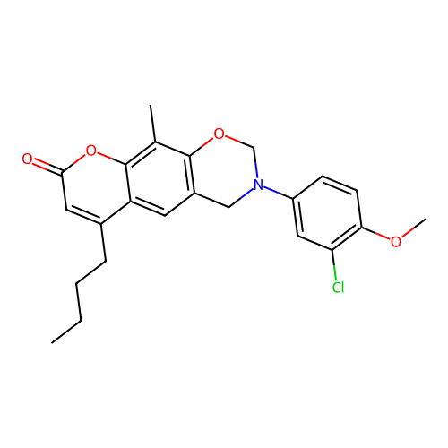 6-butyl-3-(3-chloro-4-methoxyphenyl)-10-methyl-3,4-dihydrochromeno[6,7-e][1,3]oxazin-8(2H)-one structure