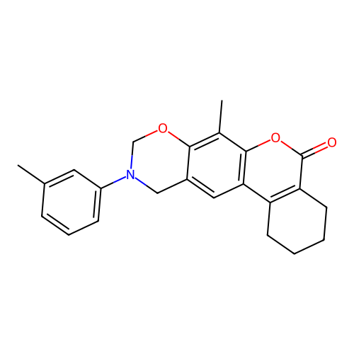7-methyl-10-(m-tolyl)-1,2,3,4,10,11-hexahydrobenzo[3,4]chromeno[6,7-e][1,3]oxazin-5(9H)-one structure