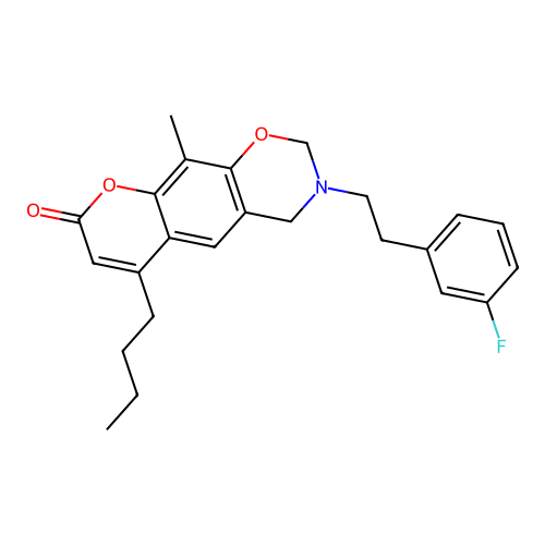 6-butyl-3-(3-fluorophenethyl)-10-methyl-3,4-dihydrochromeno[6,7-e][1,3]oxazin-8(2H)-one structure