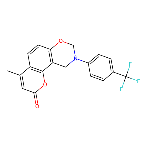 4-methyl-9-(4-(trifluoromethyl)phenyl)-9,10-dihydrochromeno[8,7-e][1,3]oxazin-2(8H)-one structure