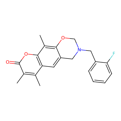 3-(2-fluorobenzyl)-6,7,10-trimethyl-3,4-dihydrochromeno[6,7-e][1,3]oxazin-8(2H)-one structure