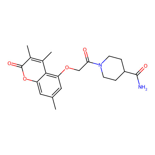 1-(2-((3,4,7-trimethyl-2-oxo-2H-chromen-5-yl)oxy)acetyl)piperidine-4-carboxamide structure