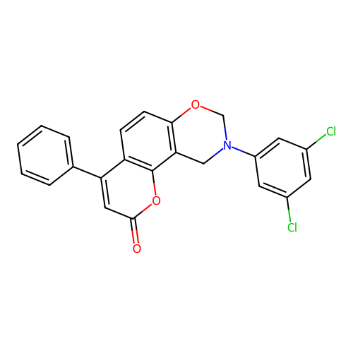 9-(3,5-dichlorophenyl)-4-phenyl-9,10-dihydrochromeno[8,7-e][1,3]oxazin-2(8H)-one structure