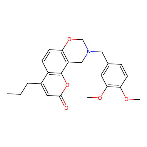 9-(3,4-dimethoxybenzyl)-4-propyl-9,10-dihydrochromeno[8,7-e][1,3]oxazin-2(8H)-one structure