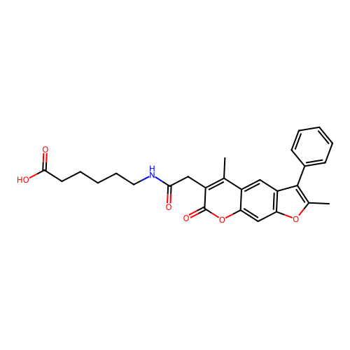 6-(2-(2,5-dimethyl-7-oxo-3-phenyl-7H-furo[3,2-g]chromen-6-yl)acetamido)hexanoic acid structure