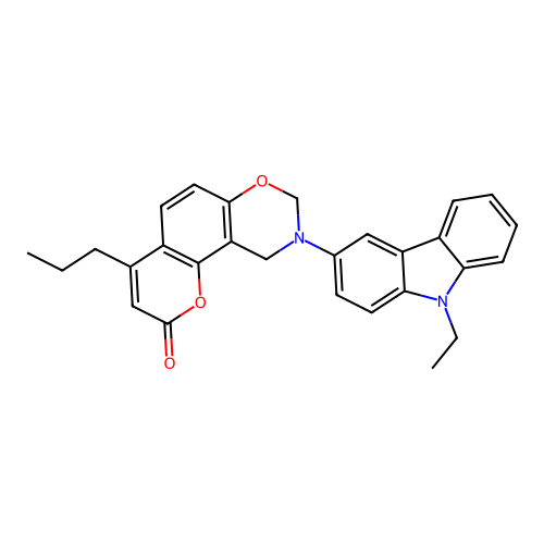 9-(9-ethyl-9H-carbazol-3-yl)-4-propyl-9,10-dihydrochromeno[8,7-e][1,3]oxazin-2(8H)-one structure