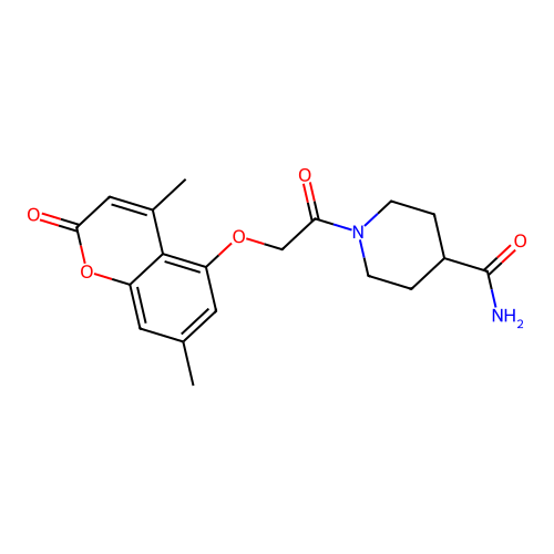 1-(2-((4,7-dimethyl-2-oxo-2H-chromen-5-yl)oxy)acetyl)piperidine-4-carboxamide structure