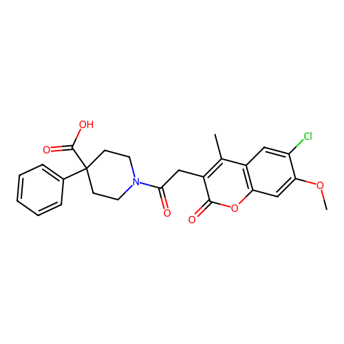 1-(2-(6-chloro-7-methoxy-4-methyl-2-oxo-2H-chromen-3-yl)acetyl)-4-phenylpiperidine-4-carboxylic acid structure