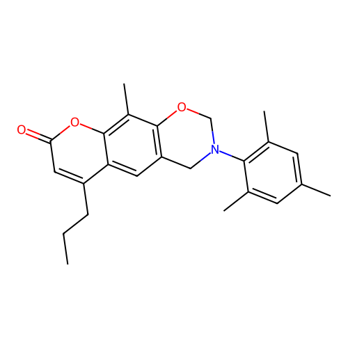 3-mesityl-10-methyl-6-propyl-3,4-dihydrochromeno[6,7-e][1,3]oxazin-8(2H)-one structure