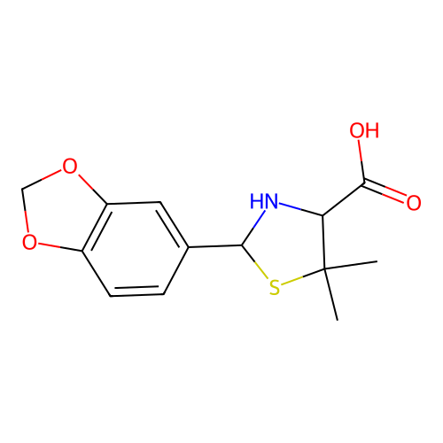 2-(2H-1,3-benzodioxol-5-yl)-5,5-dimethyl-1,3-thiazolidine-4-carboxylic acid structure