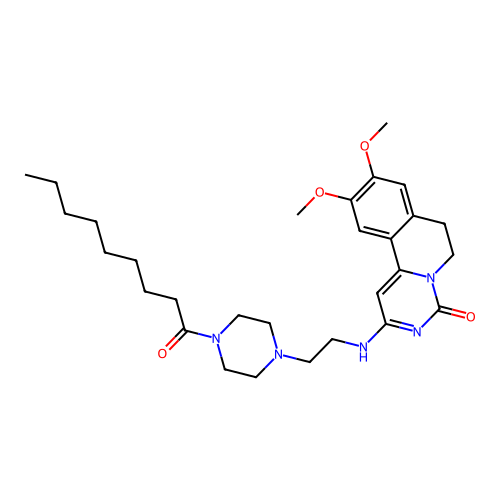 9,10-dimethoxy-2-((2-(4-nonanoylpiperazin-1-yl)ethyl)amino)-6,7-dihydro-4H-pyrimido[6,1-a]isoquinolin-4-one structure