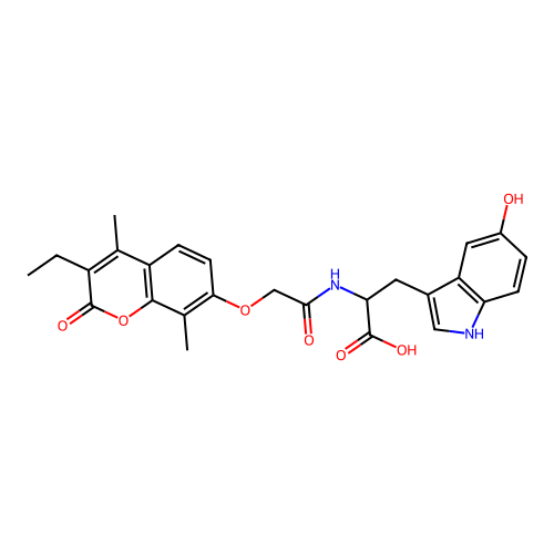 2-(2-((3-ethyl-4,8-dimethyl-2-oxo-2H-chromen-7-yl)oxy)acetamido)-3-(5-hydroxy-1H-indol-3-yl)propanoic acid structure
