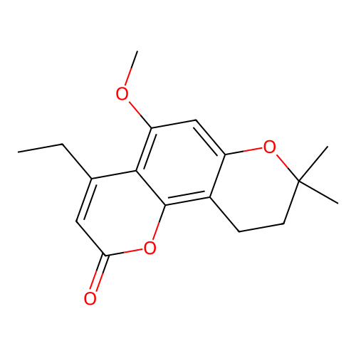 4-ethyl-5-methoxy-8,8-dimethyl-9,10-dihydro-2H,8H-pyrano[2,3-f]chromen-2-one structure
