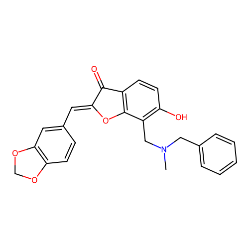 (2Z)-2-[(2H-1,3-benzodioxol-5-yl)methylidene]-7-{[benzyl(methyl)amino]methyl}-6-hydroxy-2,3-dihydro-1-benzofuran-3-one structure