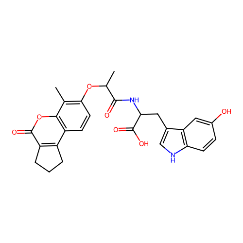 3-(5-hydroxy-1H-indol-3-yl)-2-(2-((6-methyl-4-oxo-1,2,3,4-tetrahydrocyclopenta[c]chromen-7-yl)oxy)propanamido)propanoic acid structure