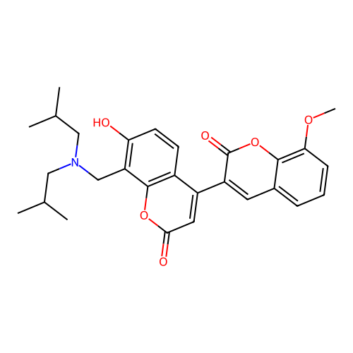 8'-((diisobutylamino)methyl)-7'-hydroxy-8-methoxy-2H,2'H-[3,4'-bichromene]-2,2'-dione structure