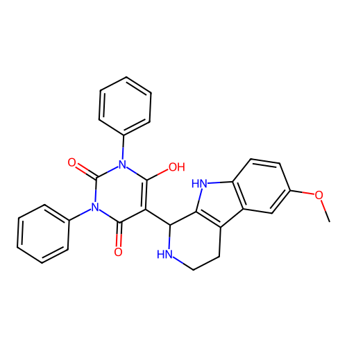 6-hydroxy-5-(6-methoxy-2,3,4,9-tetrahydro-1H-pyrido[3,4-b]indol-1-yl)-1,3-diphenylpyrimidine-2,4(1H,3H)-dione structure