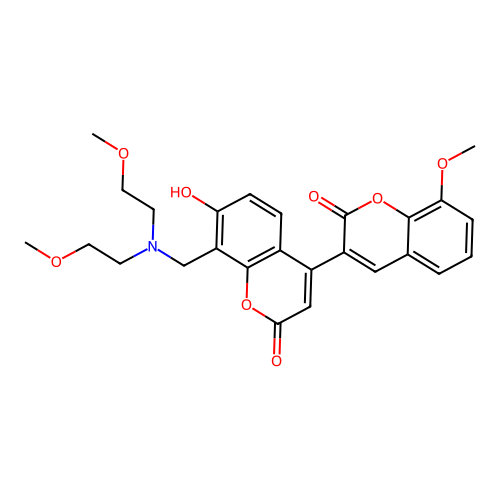 8'-((bis(2-methoxyethyl)amino)methyl)-7'-hydroxy-8-methoxy-2H,2'H-[3,4'-bichromene]-2,2'-dione structure