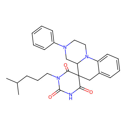 1'-(4-methylpentyl)-3-phenyl-1,2,3,4,4a,6-hexahydro-1'H-spiro[pyrazino[1,2-a]quinoline-5,5'-pyrimidine]-2',4',6'(3'H)-trione structure