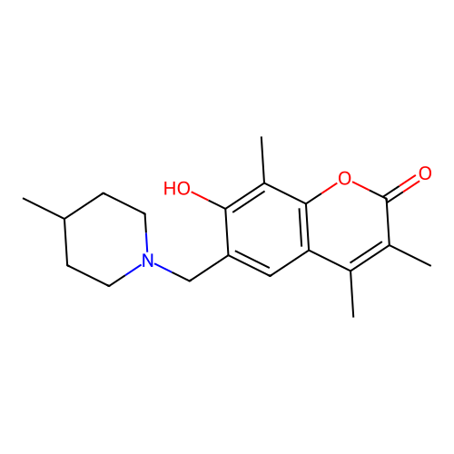 7-hydroxy-3,4,8-trimethyl-6-((4-methylpiperidin-1-yl)methyl)-2H-chromen-2-one structure