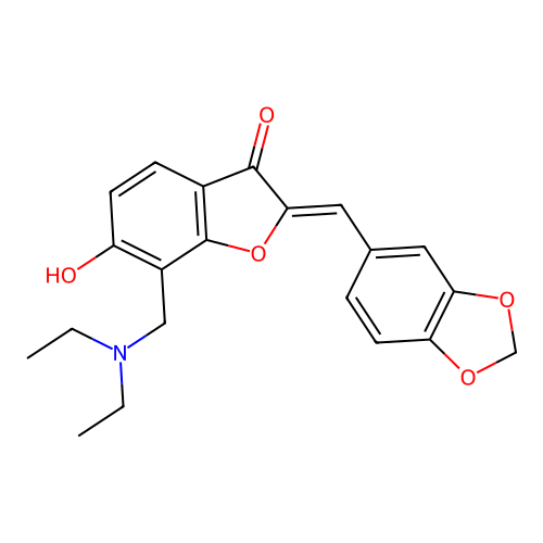 2-(benzo[1,3]dioxol-5-ylmethylidene)-7-(diethylaminomethyl)-6-hydroxy-benzofuran-3-one structure