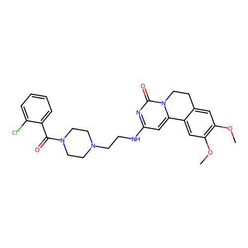 2-((2-(4-(2-chlorobenzoyl)piperazin-1-yl)ethyl)amino)-9,10-dimethoxy-6,7-dihydro-4H-pyrimido[6,1-a]isoquinolin-4-one structure